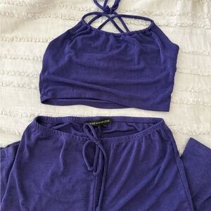 naked wardrobe Deep Violet Knit Halter Crop & Drawstring Lounge Set